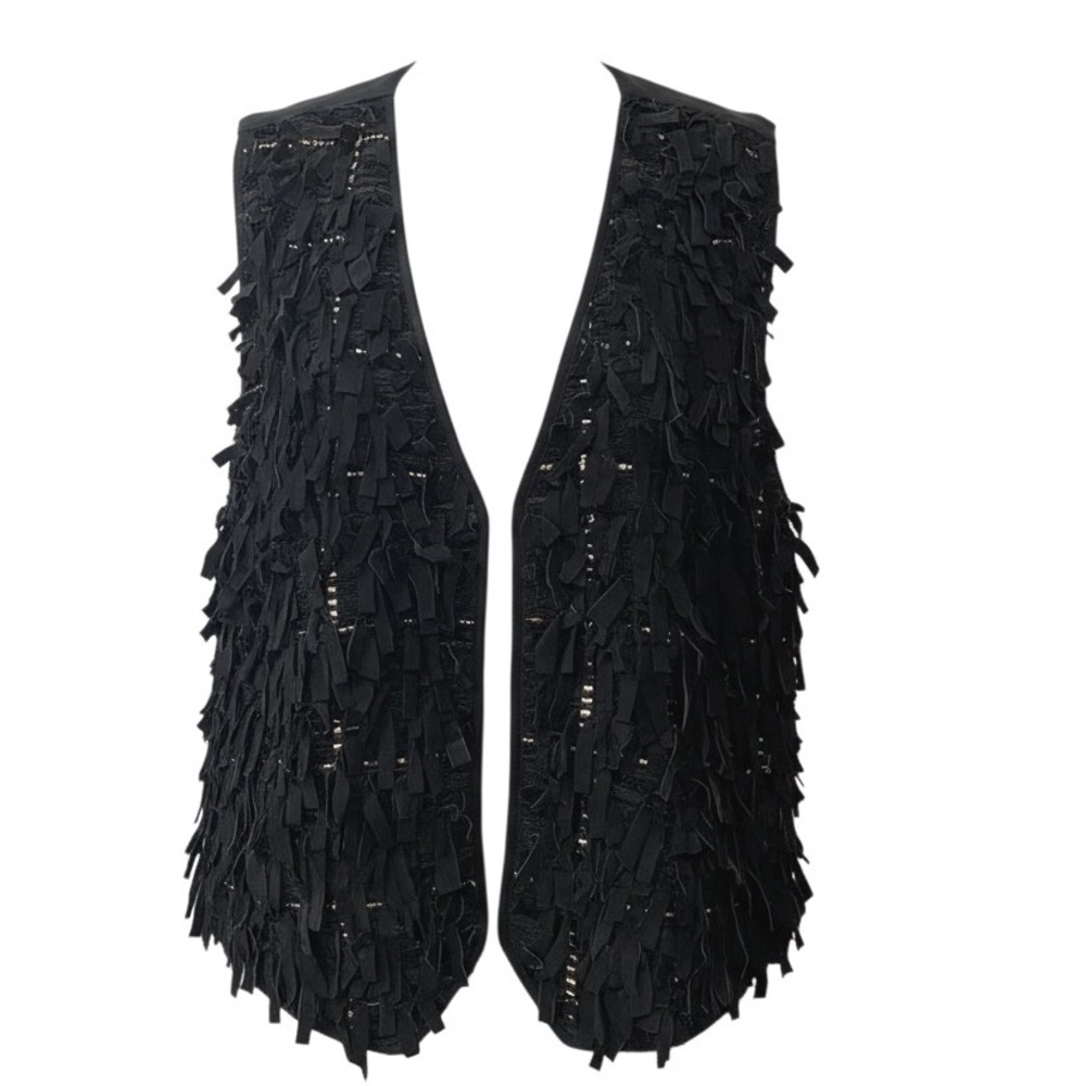Vintage AJ Black Genuine Leather Suede Fringe Ribbon Embellished Vest Women 1X